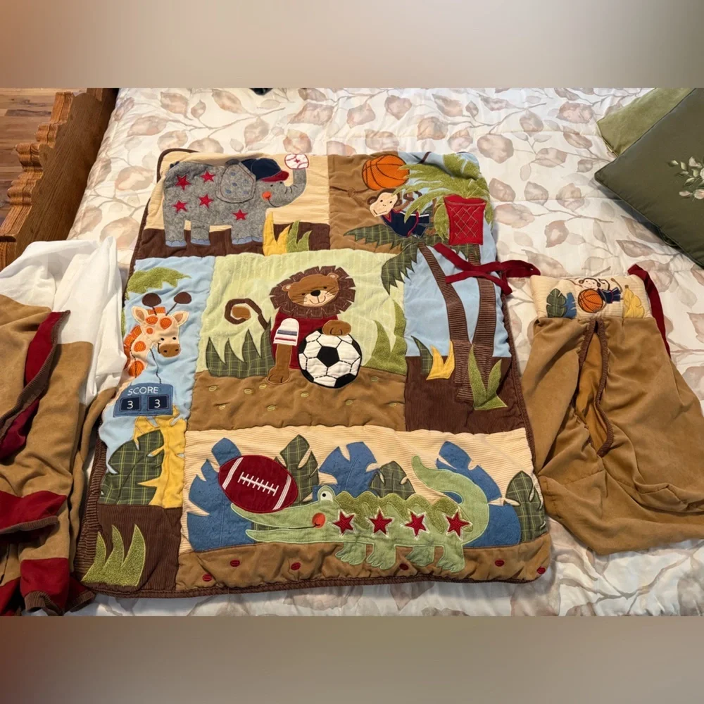 Lambs& Ivy Jungle & Sports 4 Piece Set Themed Baby Crib Quilt Comforter Monkey